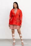 Buy_Chambray & CO._Red Chanderi Silk, Cotton Embroidery Shawl Neck, Collared Hand Dress Set _at_Aza_Fashions