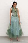 Chambray & CO._Sapphire Chanderi Silk, Cotton, Net Embroidery V-neck Sage Green Hand Skirt Set _Online_at_Aza_Fashions