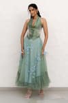 Buy_Chambray & CO._Sapphire Chanderi Silk, Cotton, Net Embroidery V-neck Sage Green Hand Skirt Set _Online_at_Aza_Fashions