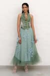 Shop_Chambray & CO._Sapphire Chanderi Silk, Cotton, Net Embroidery V-neck Sage Green Hand Skirt Set _Online_at_Aza_Fashions
