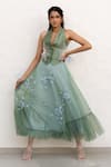 Chambray & CO._Sapphire Chanderi Silk, Cotton, Net Embroidery V-neck Sage Green Hand Skirt Set _at_Aza_Fashions