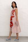 Chambray & CO._Peach Chanderi Silk, Cotton Applique Round Neck And Red Floral Dress _Online_at_Aza_Fashions
