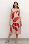 Buy_Chambray & CO._Peach Chanderi Silk, Cotton Applique Round Neck And Red Floral Dress _at_Aza_Fashions