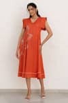 Buy_Chambray & CO._Rust Silk, Linen Embroidery V-neck Hera Hand Dress _at_Aza_Fashions