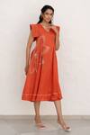 Chambray & CO._Rust Silk, Linen Embroidery V-neck Hera Hand Dress _Online_at_Aza_Fashions