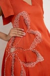 Shop_Chambray & CO._Rust Silk, Linen Embroidery V-neck Hera Hand Dress _Online_at_Aza_Fashions