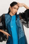 Chambray & CO._Cobalt Linen, Organza, Embroidery Round Blue Hand Dress And Jacket _at_Aza_Fashions