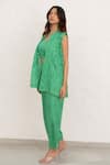 Shop_Chambray & CO._Green Silk, Organza, Cotton Embroidery Open Neck, Square Jade Habutai Pant Set _Online_at_Aza_Fashions