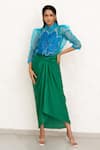 Shop_Chambray & CO._Cobalt Organza, Silk, Linen Embroidery, Applique Leaf Green And Blue Skirt Set _Online_at_Aza_Fashions