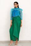 Chambray & CO._Cobalt Organza, Silk, Linen Embroidery, Applique Leaf Green And Blue Skirt Set _at_Aza_Fashions
