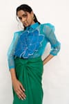 Buy_Chambray & CO._Cobalt Organza, Silk, Linen Embroidery, Applique Leaf Green And Blue Skirt Set 