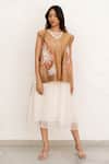 Buy_Chambray & CO._White Chanderi Silk, Cotton, Organza Embroidery Round Ivory And Brown Dress Set _at_Aza_Fashions