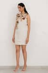 Chambray & CO._Ivory Silk, Cotton, Linen Fabric Flowers Round Irena Designer Dress With Overlay _Online_at_Aza_Fashions