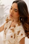 Chambray & CO._Ivory Chanderi Silk, Cotton Fabric Flowers V-neck Skirt Set _at_Aza_Fashions