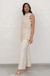 Shop_Chambray & CO._Ivory Silk, Tulle, Linen Fabric Flowers High Neck Handmade Pant Set _Online_at_Aza_Fashions