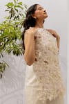 Chambray & CO._Ivory Silk, Tulle, Linen Fabric Flowers High Neck Handmade Pant Set _Online