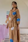 Chambray & CO._Brown Chanderi Silk, Cotton Applique, Embroidery V-neck Jacket And Skirt Set _Online_at_Aza_Fashions