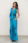 Chambray & CO._Cobalt Chanderi Silk, Cotton Embroidery V-neck Blue Pant Set _Online_at_Aza_Fashions
