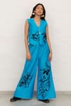 Buy_Chambray & CO._Cobalt Chanderi Silk, Cotton Embroidery V-neck Blue Pant Set _at_Aza_Fashions