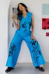 Shop_Chambray & CO._Cobalt Chanderi Silk, Cotton Embroidery V-neck Blue Pant Set _Online_at_Aza_Fashions