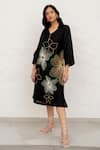 Buy_Chambray & CO._Black Chanderi Silk, Cotton Embroidery V-neck Hand Dress _at_Aza_Fashions