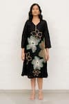 Chambray & CO._Black Chanderi Silk, Cotton Embroidery V-neck Hand Dress _Online_at_Aza_Fashions