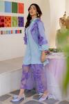 Chambray & CO._Lilac Organza, Silk, Linen Fabric Flowers, Embroidery Open Neck, Pant Set _at_Aza_Fashions