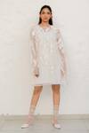 Buy_Chambray & CO._Ivory Organza, Chanderi Silk, Cotton Embroidery, Applique Overlay Dress With _at_Aza_Fashions
