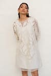 Shop_Chambray & CO._Ivory Organza, Chanderi Silk, Cotton Embroidery, Applique Overlay Dress With 