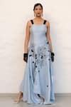 Buy_Chambray & CO._Blue Chanderi Silk, Cotton Embroidery Sweetheart Neck Powder Hand Dress _Online_at_Aza_Fashions