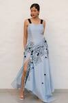 Shop_Chambray & CO._Blue Chanderi Silk, Cotton Embroidery Sweetheart Neck Powder Hand Dress _Online_at_Aza_Fashions