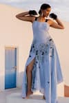 Buy_Chambray & CO._Blue Chanderi Silk, Cotton Embroidery Sweetheart Neck Powder Hand Dress _at_Aza_Fashions