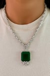 Buy_Prerto_Emerald Green Diamonds, Crystals Mahe Square Necklace Set _at_Aza_Fashions