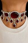 Buy_PRERTO_Red Chunky Ruby Statement Necklace Set_at_Aza_Fashions