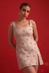 Dev And Viv_Pink Polyester, Rayon, Lurex Beads Square Neck Embellished Designer Dress _Online_at_Aza_Fashions