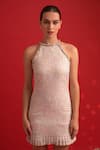 Dev And Viv_Pink Polyester, Rayon, Lurex Beads Halter Neck Designer Dress With Ruffle Hem _Online_at_Aza_Fashions