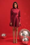 Dev And Viv_Red Polyester High Neck Satin Designer Dress _Online_at_Aza_Fashions