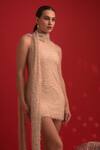 Dev And Viv_Gold Polyester, Lycra High Neck Designer Dress With Scarf _Online_at_Aza_Fashions