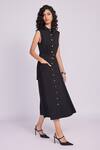 Dev And Viv_Black Rayon Collared Buttoned Dress With Belt _Online_at_Aza_Fashions