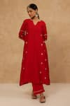 Charu Makkar_Red Chanderi, Cotton Embroidery V-neck Kurta And Pant Set _Online_at_Aza_Fashions
