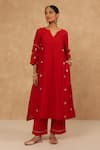 Buy_Charu Makkar_Red Chanderi, Cotton Embroidery V-neck Kurta And Pant Set _at_Aza_Fashions