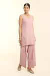 Charu Makkar_Blush Tissue, Chanderi, Organza Embroidery Round Neck Pink Kurta Set _Online_at_Aza_Fashions
