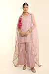 Buy_Charu Makkar_Blush Tissue, Chanderi, Organza Embroidery Round Neck Pink Kurta Set _at_Aza_Fashions