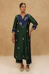Buy_Charu Makkar_Green Silk, Chanderi, Cotton Embroidery V-neck Royal And Navy Blue Kurta Pant Set _at_Aza_Fashions