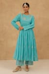 Buy_Charu Makkar_Teal Chanderi, Muslin, Cotton Embroidery Round Neck Anarkali Set _Online_at_Aza_Fashions