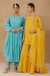 Buy_Charu Makkar_Teal Chanderi, Muslin, Cotton Embroidery Round Neck Anarkali Set 
