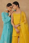 Shop_Charu Makkar_Teal Chanderi, Muslin, Cotton Embroidery Round Neck Anarkali Set 
