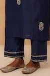 Charu Makkar_Navy Silk, Chanderi Embroidery Split V-neck Blue Kurta Pant Set _at_Aza_Fashions