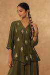 Shop_Charu Makkar_Olive Green Muslin Embroidery V-neck Kurta And Flared Pant Set 