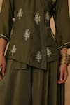 Charu Makkar_Olive Green Muslin Embroidery V-neck Kurta And Flared Pant Set _Online